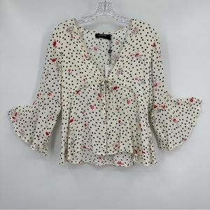 Minkpink NWT Floral Print Polka Dot Blouse Ivory Black Size S